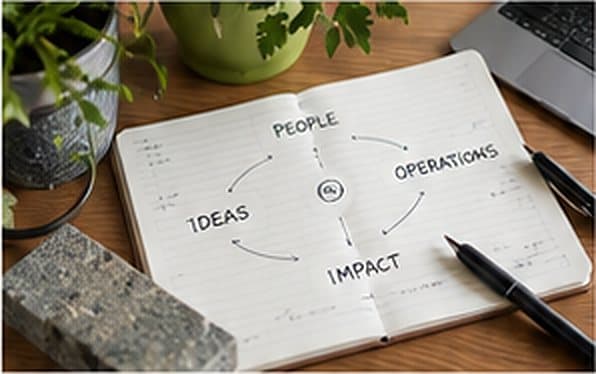 An open notebook with a hand-drawn loop joining people, ideas, operations and impact (illustration from the Atlas design proposal)